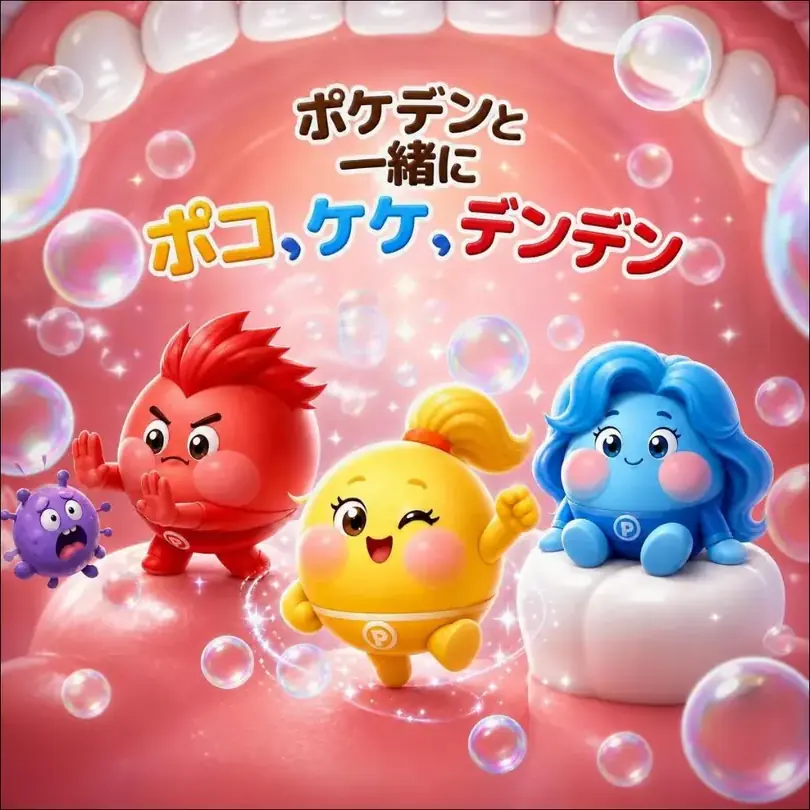 입 안을 배경으로 선 세 마스코트 ポコ·ケケ·デンデン.